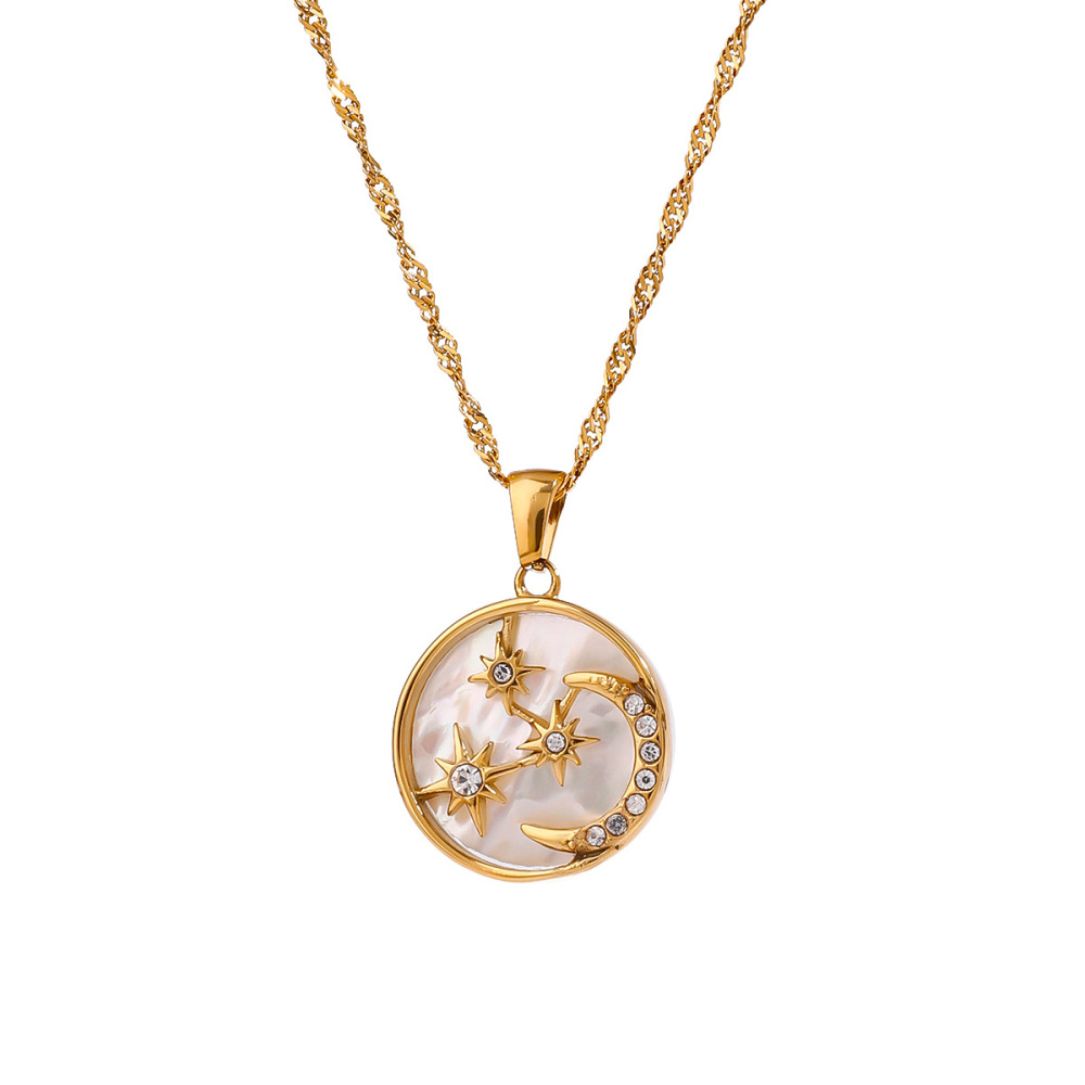 Collier Pendentif Femme De Luxe, Motif Étoile Et Lune, En Acier Inoxydable Étanche, Couleur Or (1 Pièce) Image9