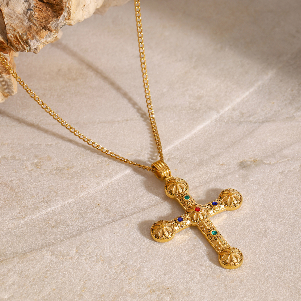 Collier Avec Pendentif Croix En Acier Inoxydable Plaqué Or Et Strass Pour Femme, Série Classique, h5Image2
