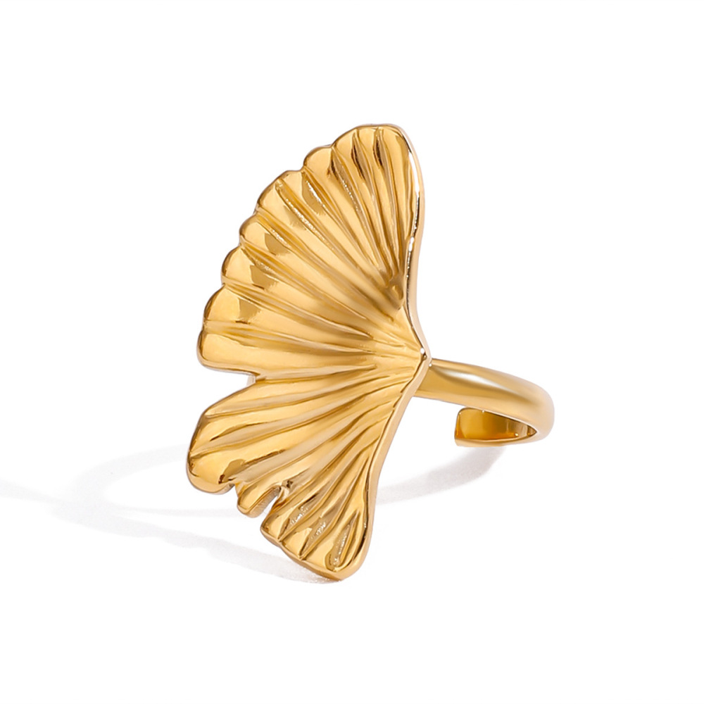Bague Ajustable Pour Femme, En Acier Inoxydable Doré, Forme Feuille De Ginkgo Naturel, Collection Romantique (1 Pièce). h5Image8