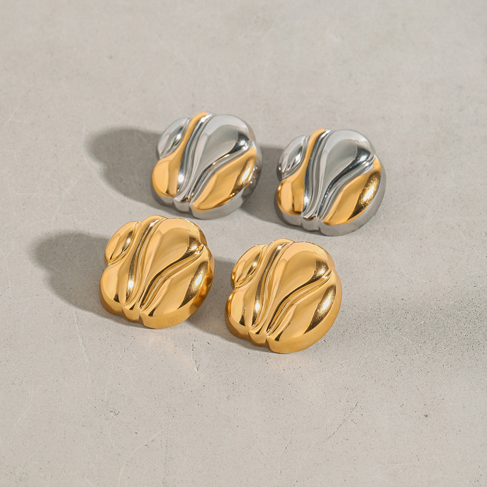 1 Paire De Boucles D'Oreilles Puces Pour Femme, En Acier Inoxydable Doré, Effet Vague, Étanches, Collection Stylish Series. Image7