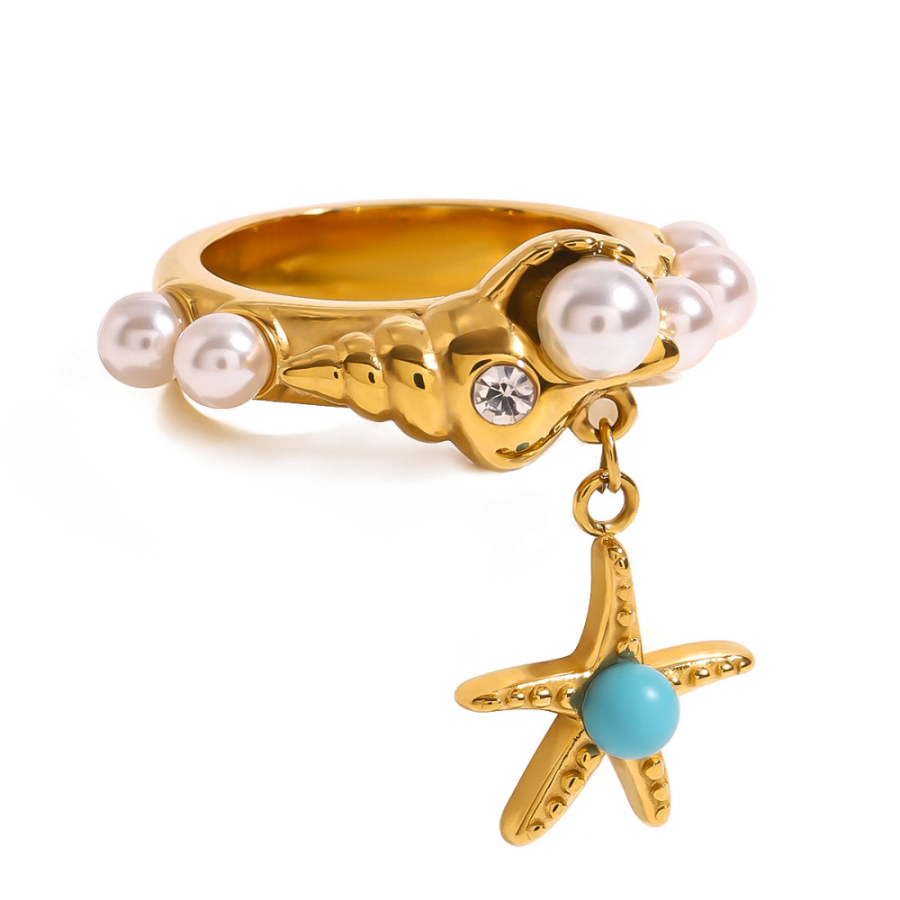 1 Paire De Bagues Simples Pour Femme, Série Ethnique, Motif Tortue Rétro, En Acier Inoxydable Plaqué Or , Avec Perles Artificielles h5Image5