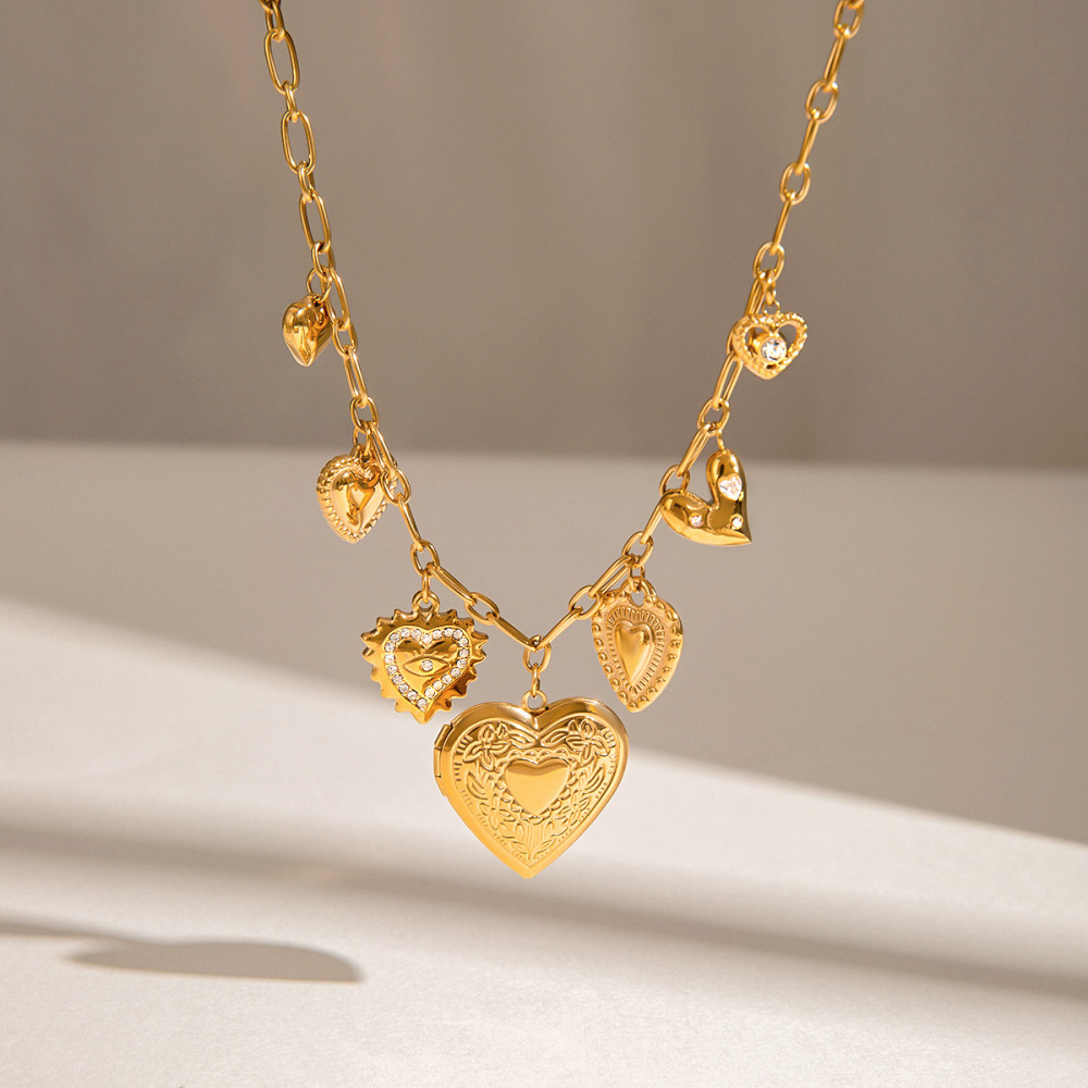 Collier Pendentif Femme Diy En Forme De Cœur, 1 Pièce, Collection Classique, En Acier Inoxydable Étanche Couleur Or Image2