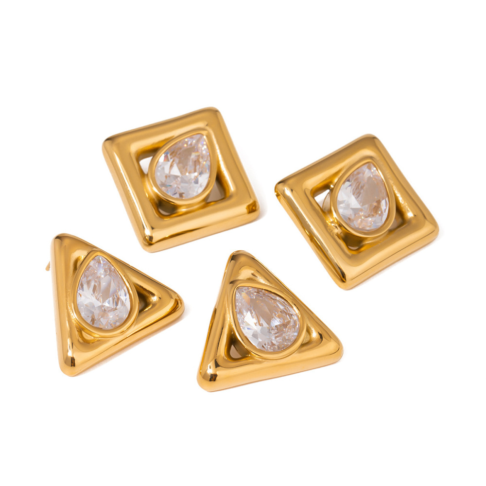 1 Paire De Boucles D'Oreilles À Tige Géométriques Simples En Acier Inoxydable Plaqué Or Et Zircon Pour Femmes h5Image4