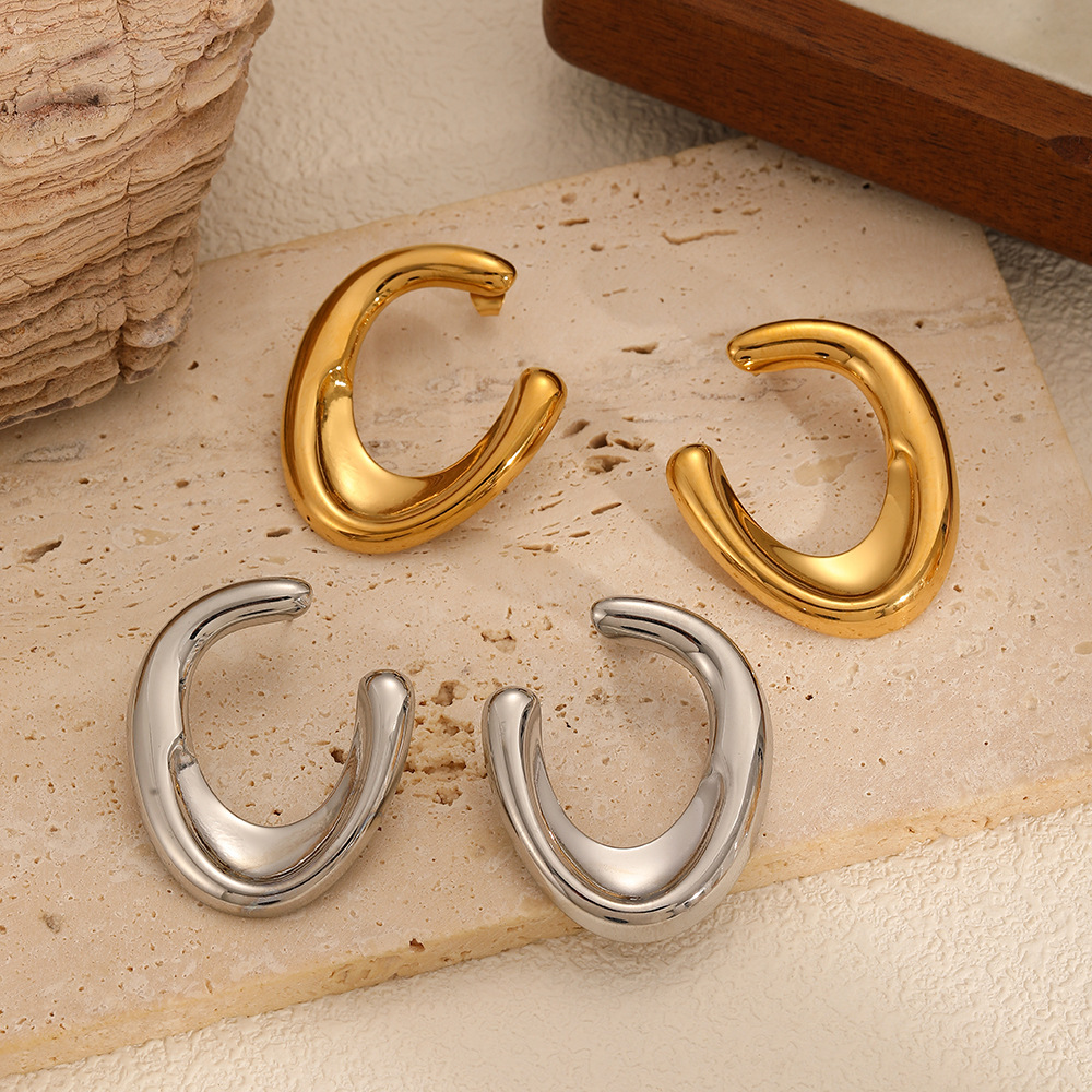 Boucles D'Oreilles Puces Pour Femme, Style Minimaliste, Forme Irrégulière En U, En Acier Inoxydable, Couleur Or, Étanches, 1 Paire Image3