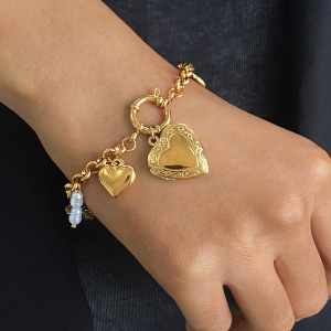 Bracelet À Breloques Pour Femme En Acier Inoxydable Plaqué Or , Série Simple, Motif Cœur Classique h5 Image2
