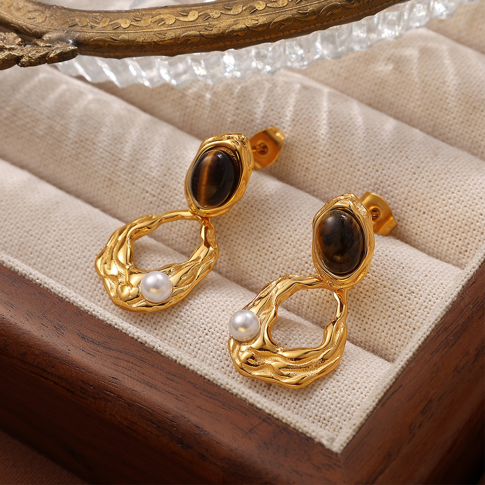 1 Paire De Boucles D'Oreilles Pendantes Géométriques Rétro En Acier Titane Couleur Or Pour Femme, Série Classique Image6