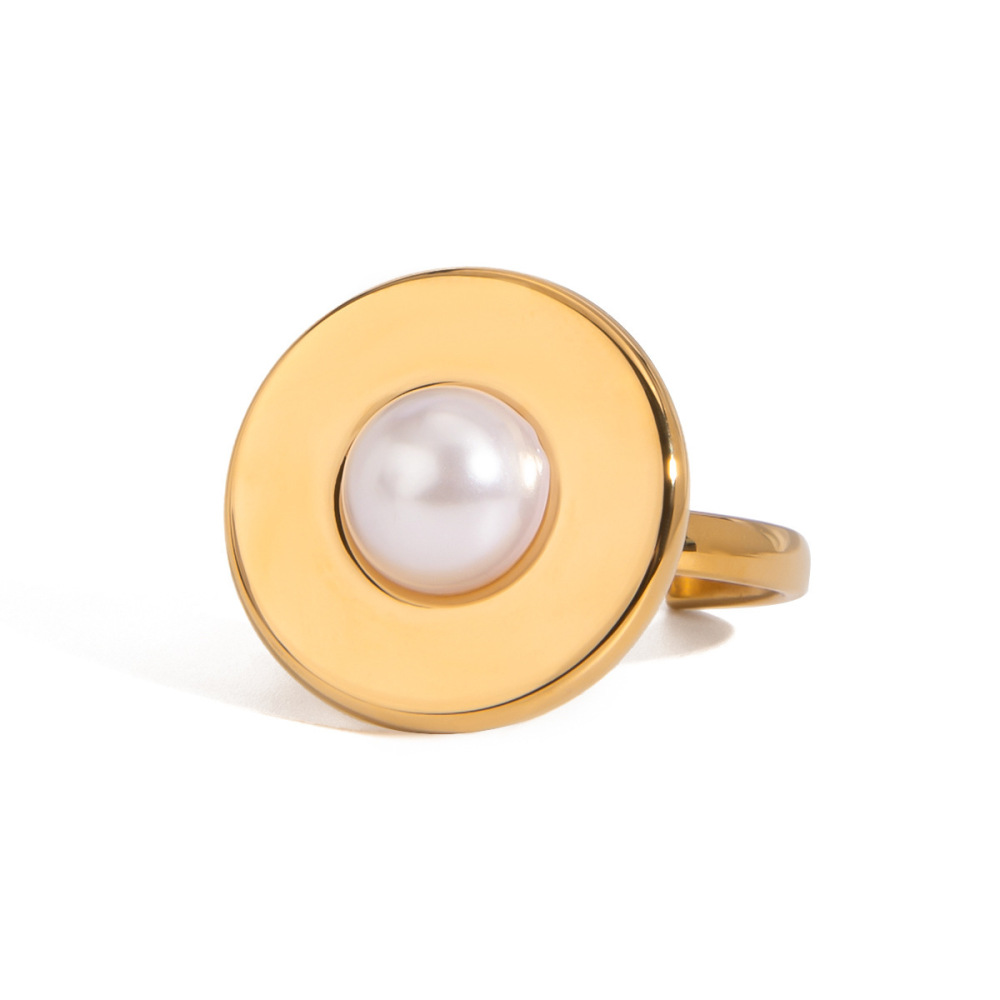 1 Paire De Bagues Ajustables Pour Femmes, Série Simple, En Acier Inoxydable Plaqué Or , Avec Perles Artificielles h5Image6