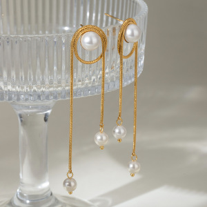 Boucles D'Oreilles Pendantes Élégantes Et Géométriques En Acier Inoxydable Plaqué Or Avec Perles Artificielles (1 Paire) h5 Image3