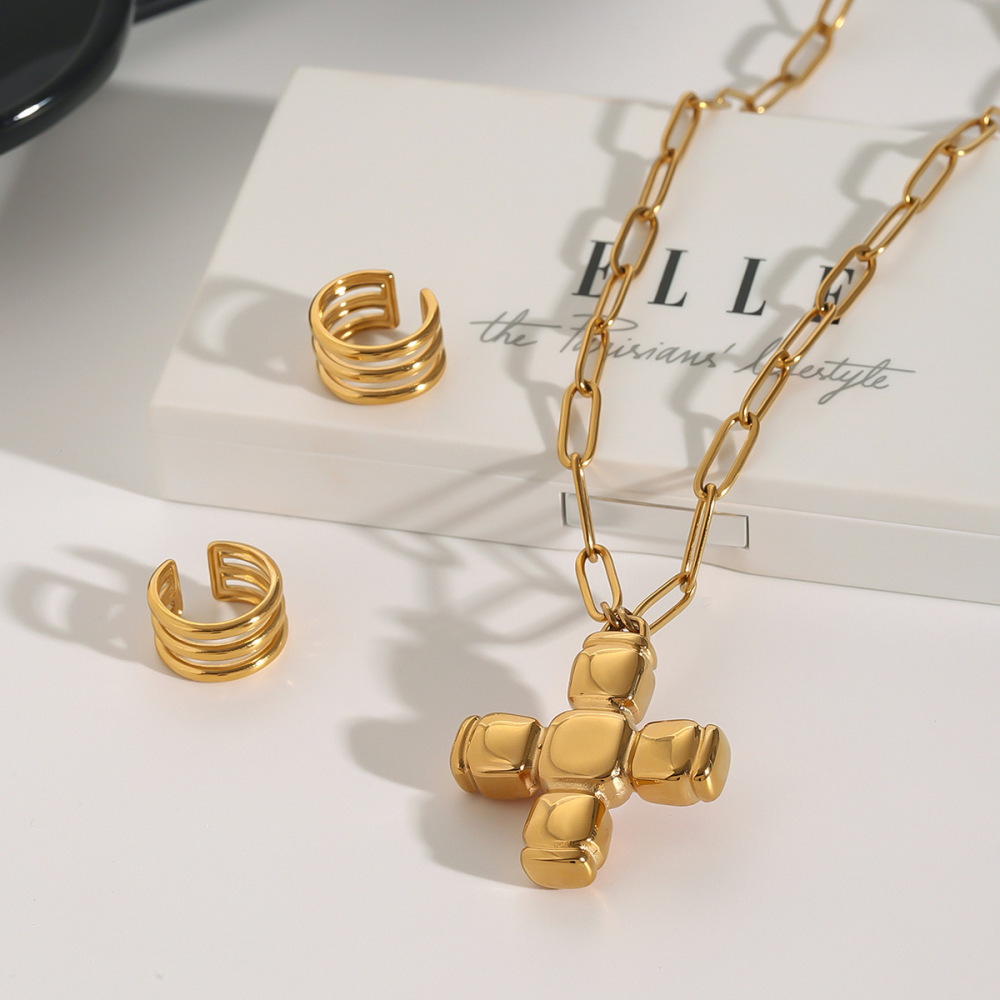 Collier Pendentif Femme En Acier Inoxydable Doré, Forme Croix, Étanche, 1 Pièce, Collection Luxueuse Image6
