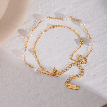 Bracelet de perles classique de luxe pour femme, en acier inoxydable, étanche, couleur or (1 pièce). 2