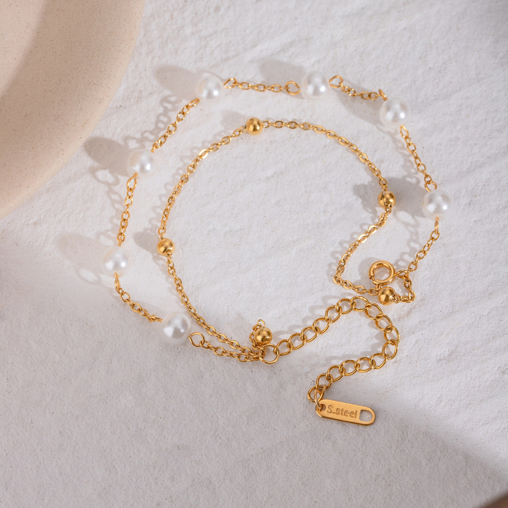 Bracelet De Perles Classique De Luxe Pour Femme, En Acier Inoxydable, Étanche, Couleur Or (1 Pièce). h5Image3