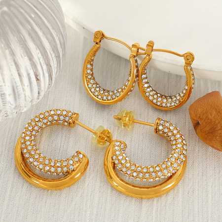 1 paire de boucles d'oreilles créoles géométriques classiques en acier inoxydable plaqué or  avec strass pour femme