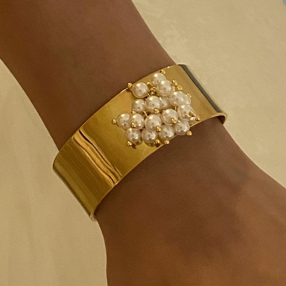 Bracelet Rétro Géométrique En Acier Inoxydable Plaqué Or  Avec Perles Artificielles Pour Femme, Série Simple, 1 Pièce Image2