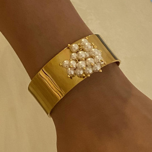 Bracelet Rétro Géométrique En Acier Inoxydable Plaqué Or  Avec Perles Artificielles Pour Femme, Série Simple, 1 Pièce h5 Image2