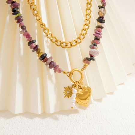 collier avec pendentif en forme de cœur naturel en acier inoxydable plaqué or  pour femme, série romantique, 1 pièce 2