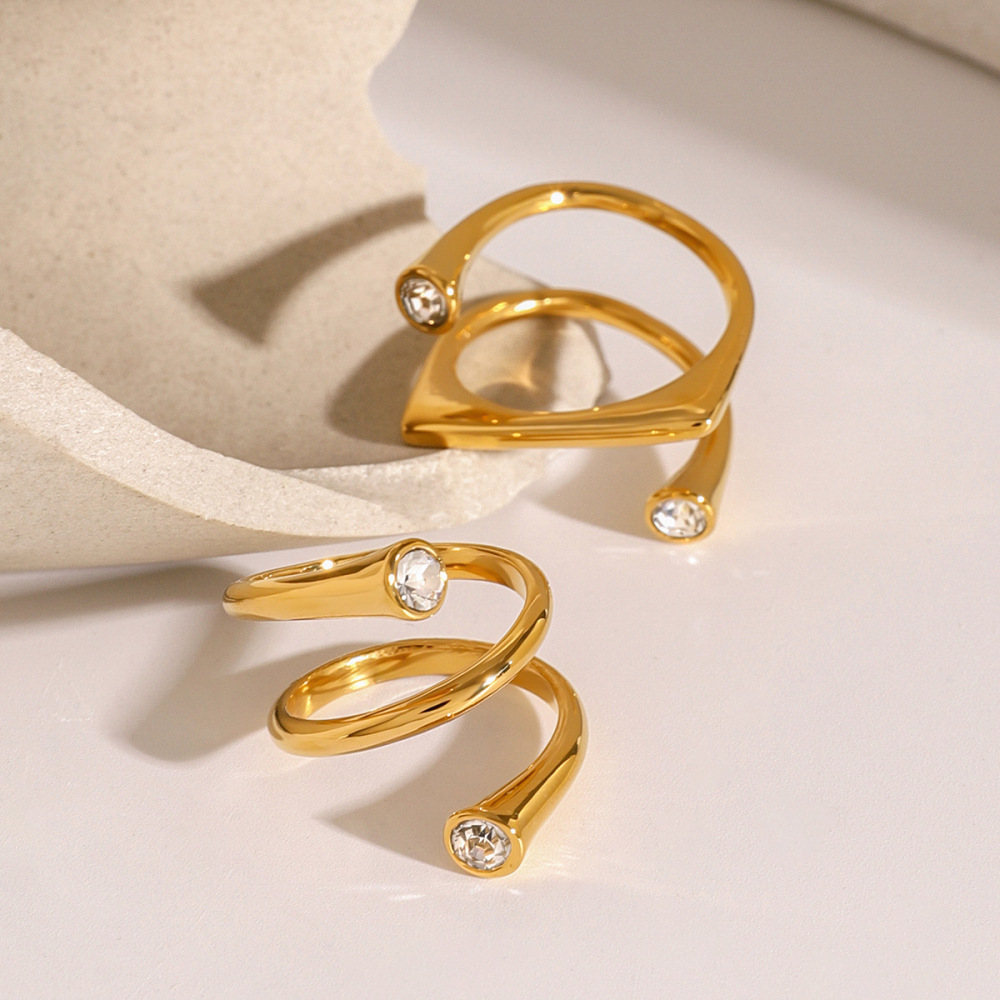 Bague Ajustable Pour Femme, En Acier Inoxydable Plaqué Or, Ornée De Strass Et De Formes Géométriques (1 Pièce). Image4