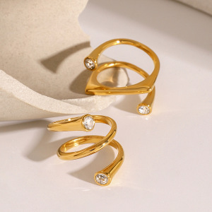 Bague Ajustable Pour Femme, En Acier Inoxydable Plaqué Or, Ornée De Strass Et De Formes Géométriques (1 Pièce). h5 Image4