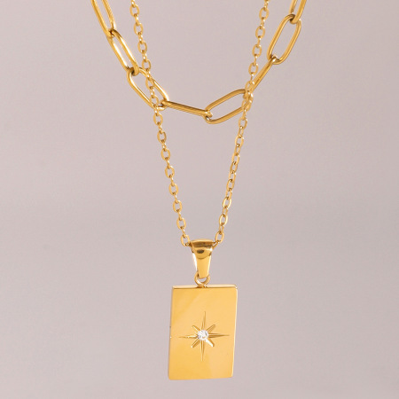colliers superposés géométriques simples en acier inoxydable plaqué or  avec strass pour femmes, série simple, 1 pièce 2
