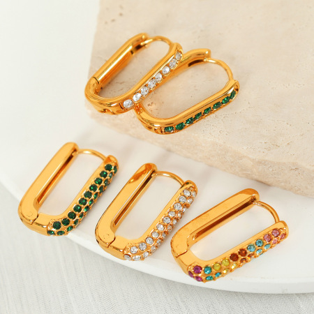 1 paire de boucles d'oreilles créoles géométriques classiques en acier inoxydable plaqué or  et zircon pour femme