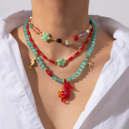 Collier de perles pour femme, collection Vivid Series, motif hippocampe en verre, acier inoxydable, couleur or, étanche, avec pierre naturelle. 2