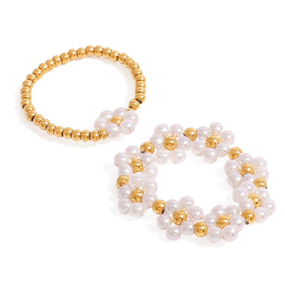 1 Paire De Bagues Ajustables Pour Femme, Série Classique, Élégantes, En Acier Inoxydable Plaqué Or , Avec Perles Artificielles Image4