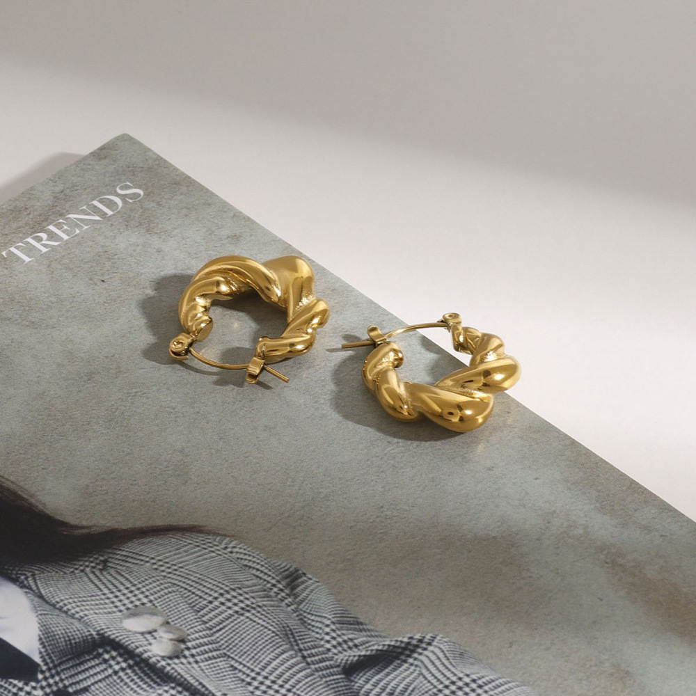 1 Paire De Boucles D'Oreilles Créoles Annulaires Daily Twist En Acier Inoxydable Étanche Couleur Or Pour Femme, Collection Classique Daily Twist Image8