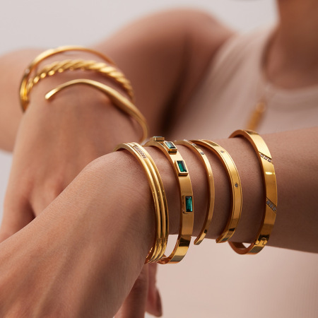 bracelet ouvert pour femme, style rétro, simple, géométrique, en acier inoxydable, plaqué or , incrustation de zircons