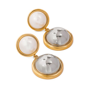 1 Paire De Boucles D'Oreilles Pendantes Rondes En Acier Inoxydable Plaqué Or  Pour Femmes, Série Simple , Avec Perles Artificielles h5 Image6