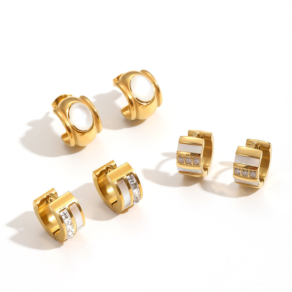 1 Paire De Boucles D'Oreilles Créoles Rondes En Acier Inoxydable Plaqué Or  Avec Strass Pour Femme, Série Simple, Style Luxueux Et Léger Image6