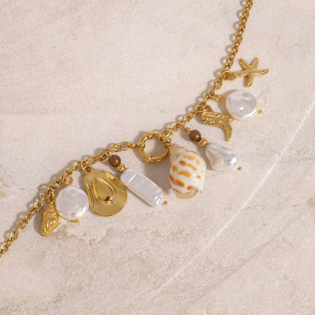 collier avec pendentif tortue de vacances en acier inoxydable plaqué or  et perles artificielles pour femme, série simple, 1 pièce 2