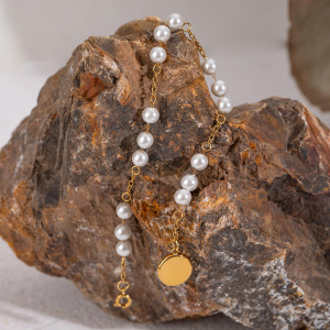 Bracelet De Perles Artificielles Pour Femme, Série Simple, Perles Douces, En Acier Inoxydable Plaqué Or  h5 Image4