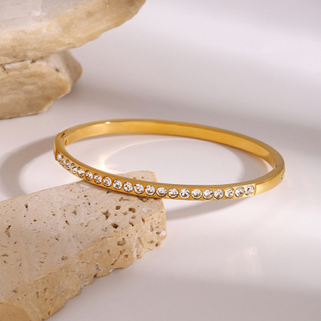 bracelet simple pour femme, série , en acier inoxydable plaqué or , avec strass 2