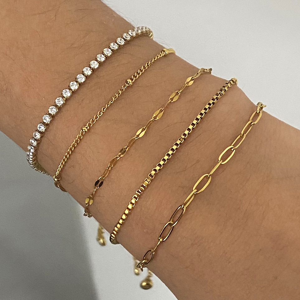 Bracelet Chaîne Pour Femme En Acier Inoxydable Plaqué Or  Avec Strass, Série Simple  Image7