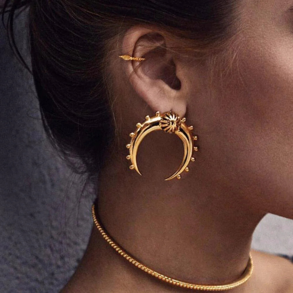 1 Paire De Boucles D'Oreilles À Tige Rétro Soleil/Lune En Acier Inoxydable Plaqué Or  Avec Strass Pour Femme Image5