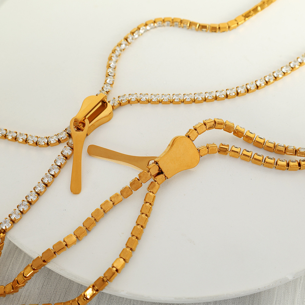 Collier Simple En Acier Inoxydable Plaqué Or  Avec Pompon Et Zircon Pour Femme, 1 Pièce Image3