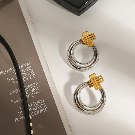 1 paire de boucles d'oreilles puces annulaires modernes pour femme, en acier inoxydable étanche, couleur or et argent. 2