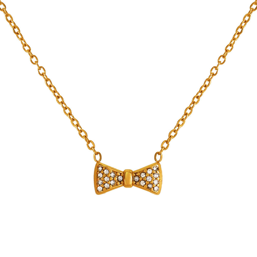 Collier Avec Pendentif En Forme De Nœud Papillon En Acier Inoxydable Plaqué Or  Et Strass Pour Femme, Série Simple Image6