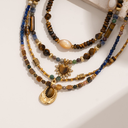 Collier de perles pour femme, style bohème classique, en acier inoxydable imperméable, orné de pierres naturelles œil-de-tigre (1 pièce)