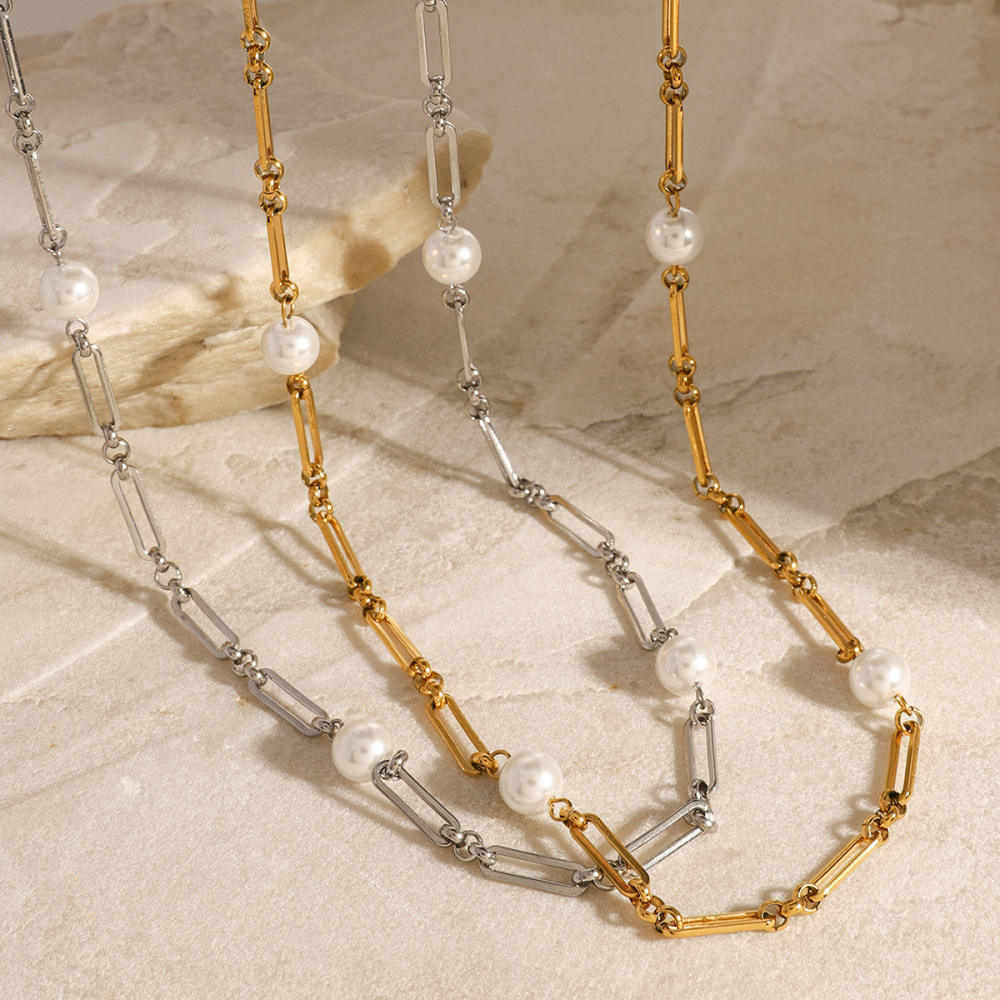 Collier Élégant En Acier Inoxydable Plaqué Or Avec Perles Artificielles Pour Femme, Série Simple, Élégant Et Géométrique h5Image4