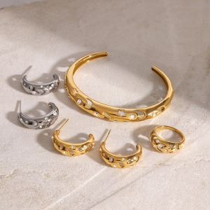 1 Paire De Boucles D'Oreilles Pour Femme, Série Simple, Style Décontracté, Soleil/Lune, En Acier Inoxydable Plaqué Or , Strass h5 Image3
