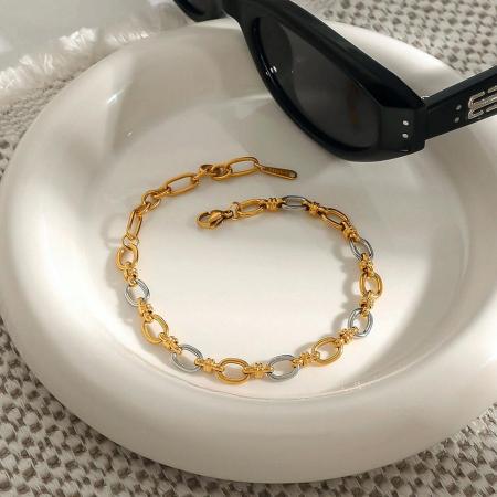 Bracelet chaîne femme Simple Series Streamline rond en acier inoxydable étanche, coloris or et argent (1 pièce).