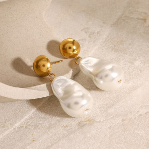 1 Paire De Boucles D'Oreilles Pendantes Ovales En Acier Inoxydable Plaqué Or  Pour Femmes, Série Classic , Avec Perles Artificielles h5 Image3