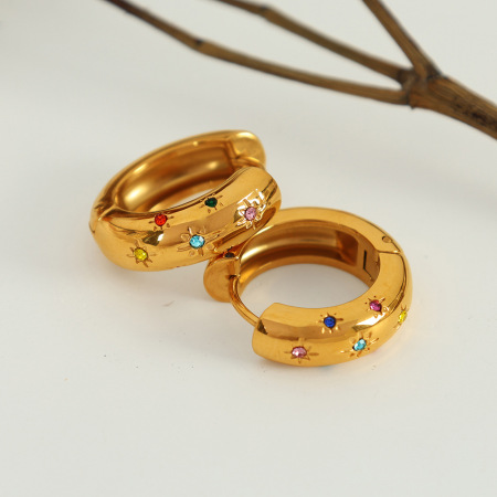 1 paire de boucles d'oreilles créoles rétro géométriques en acier inoxydable plaqué or  avec strass pour femme 2