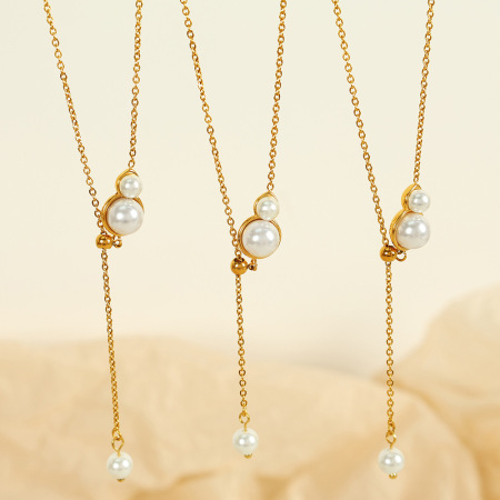 Ensemble de colliers pour femmes, 1 paire, série simple, géométrique, en acier inoxydable plaqué or, perles artificielles 2