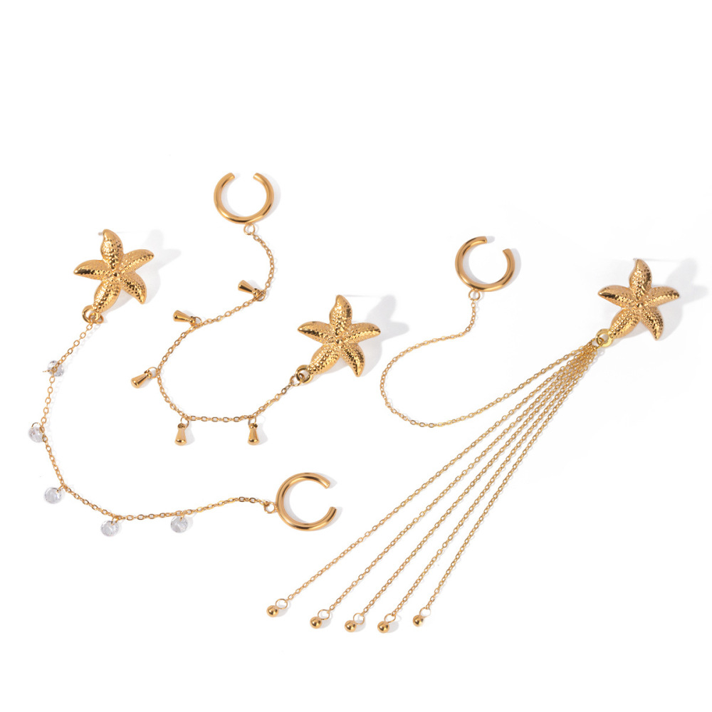 Boucles D'Oreilles À Clip En Acier Inoxydable Or Avec Strass Et Étoile De Mer, Style Ins Transfrontalier Européen Et Américain, Tendance Personnalité Haut De Gamme h5Image5