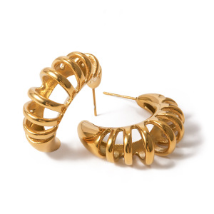 Boucles D'Oreilles Puces Pour Femme, En Acier Inoxydable Doré, Ajourées, Forme Croissant, Collection Simple Series, Étanches. h5 Image7