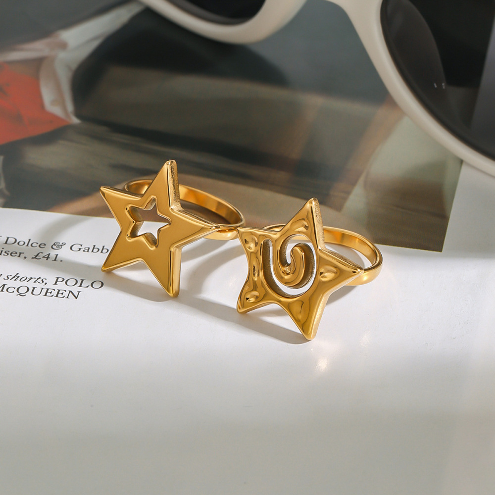 Bague Simple Pour Femme, Collection Designable, Style Rétro Pentagramme Ajouré, En Acier Inoxydable Doré, Étanche. Image3
