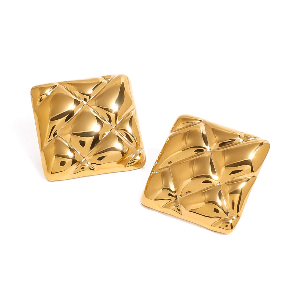 1 Paire De Boucles D'Oreilles Puces Carrées À Carreaux Rétro En Acier Inoxydable Étanche Couleur Or Image5