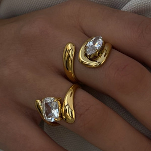 Bague Simple Pour Femme, Collection De Luxe, En Acier Inoxydable Doré, Imperméable, Ornée De Strass, De Forme Irrégulière. h5 Image8