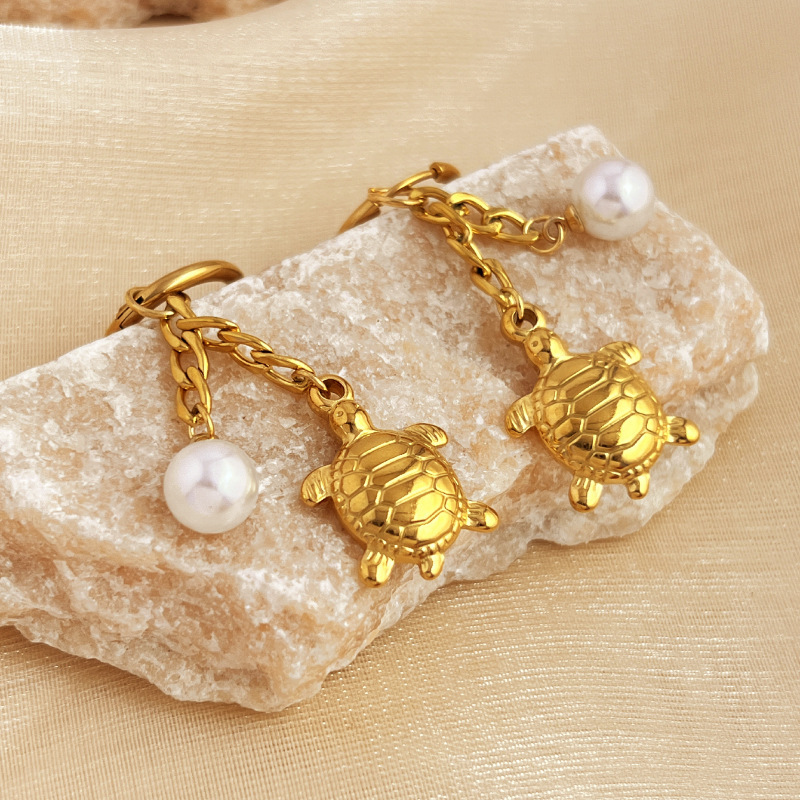 Boucles D'Oreilles Pendantes Pour Femme, Style Plage Estivale, Motif Tortue Mignonne, En Acier Inoxydable Étanche, Couleur Or (1 Paire). Image5